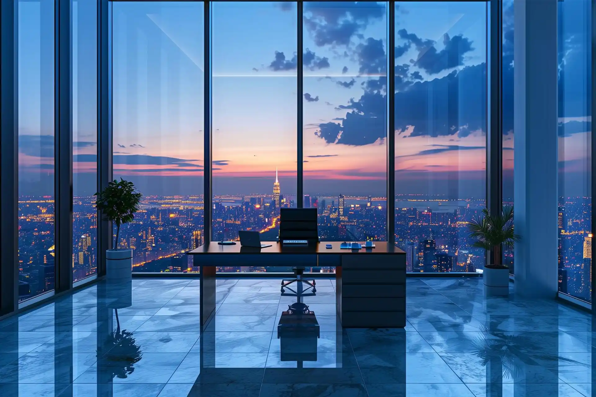 Modern corporate office interior at night with floor-to-ceiling glass windows overlooking a futuristic city skyline, featuring dual monitors, minimal desk setup, and teal ambient lighting